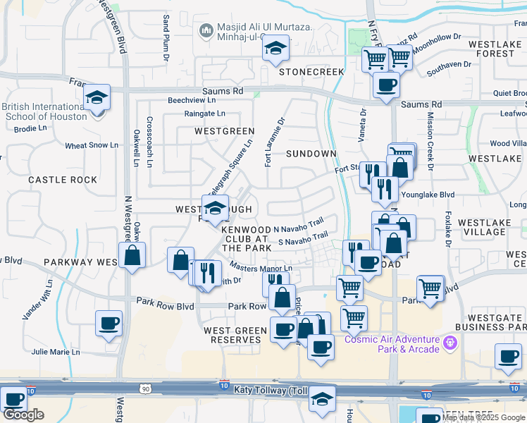 map of restaurants, bars, coffee shops, grocery stores, and more near 2011 West Pecos Valley Trail in Katy