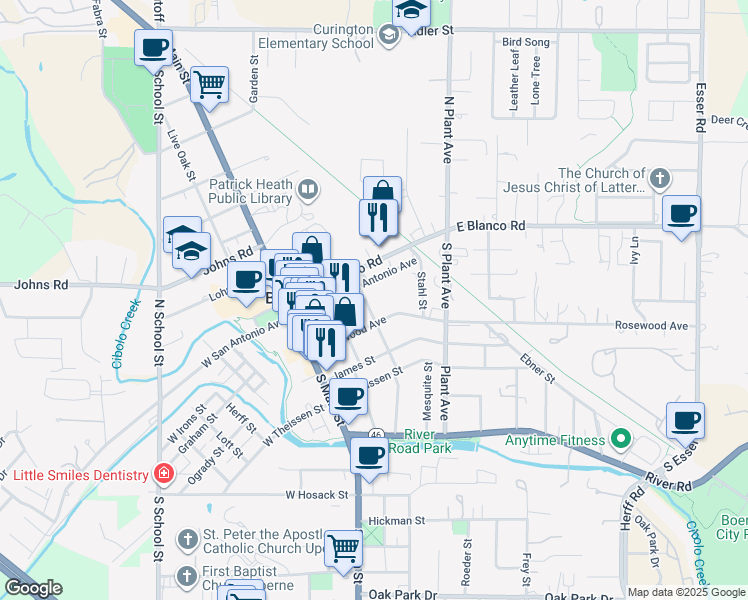map of restaurants, bars, coffee shops, grocery stores, and more near 113 Turner Street in Boerne