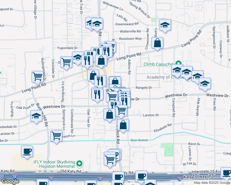 map of restaurants, bars, coffee shops, grocery stores, and more near 1410 Blalock Road in Houston