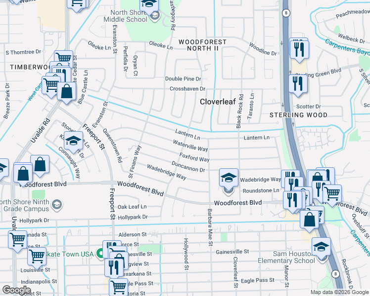 map of restaurants, bars, coffee shops, grocery stores, and more near 14106 Waterville Way in Houston