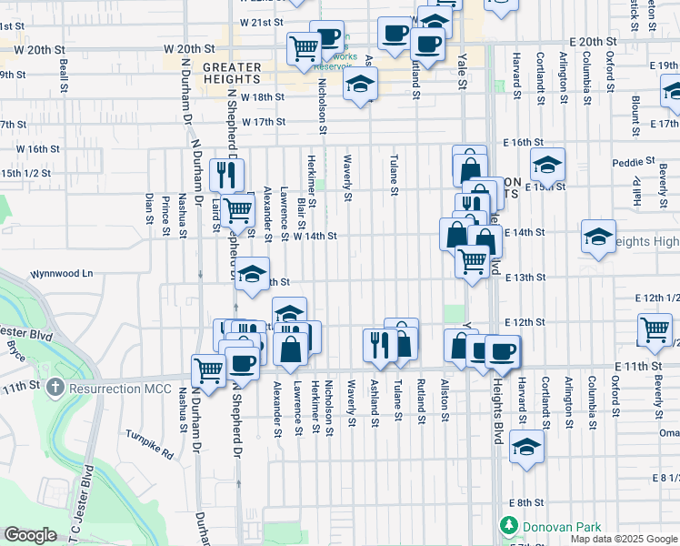 map of restaurants, bars, coffee shops, grocery stores, and more near 1300 Waverly Street in Houston