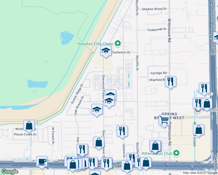 map of restaurants, bars, coffee shops, grocery stores, and more near 1520 Sherwood Forest Street in Houston