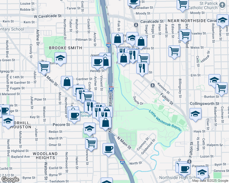 map of restaurants, bars, coffee shops, grocery stores, and more near 2500 North Fwy in Houston