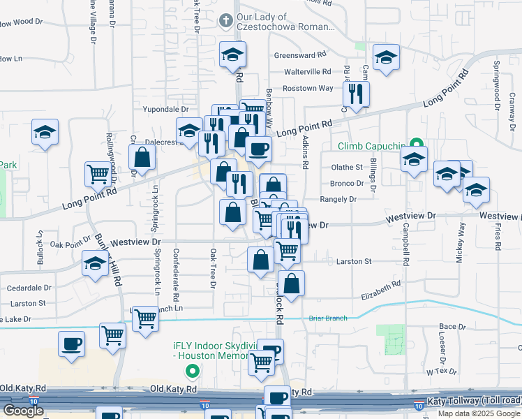map of restaurants, bars, coffee shops, grocery stores, and more near 1412 Blalock Road in Houston