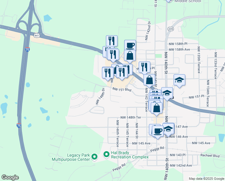 map of restaurants, bars, coffee shops, grocery stores, and more near 14741 Northwest 151 Boulevard in Alachua