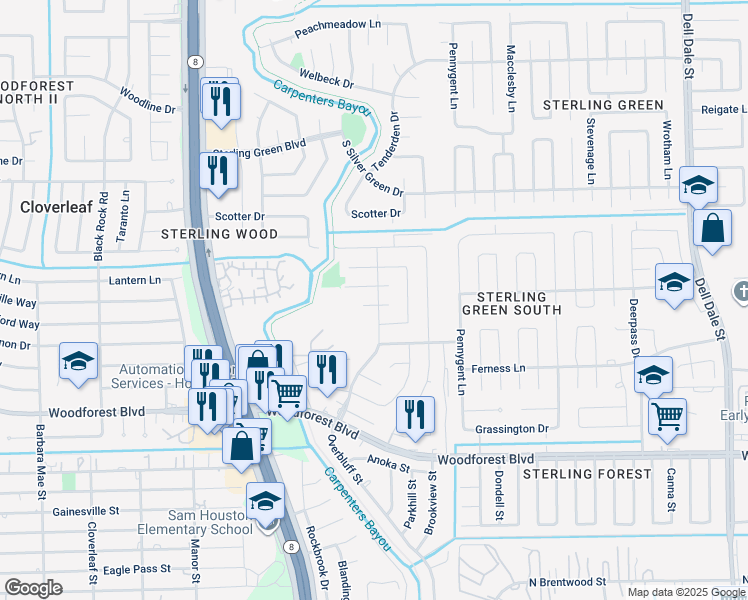 map of restaurants, bars, coffee shops, grocery stores, and more near 14915 Maryport Drive in Channelview
