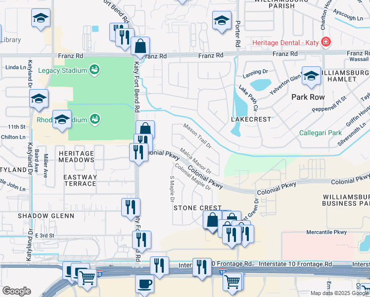 map of restaurants, bars, coffee shops, grocery stores, and more near 24810 Malca Manor Drive in Katy