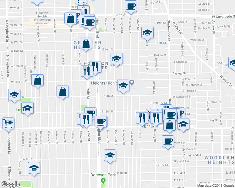 map of restaurants, bars, coffee shops, grocery stores, and more near 1304 Cortlandt Street in Houston