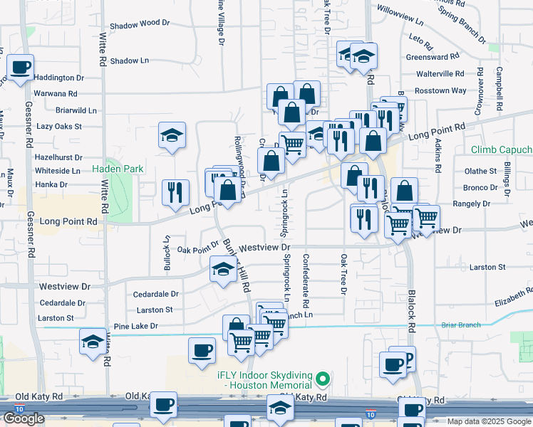 map of restaurants, bars, coffee shops, grocery stores, and more near 1451 Springrock Lane in Houston
