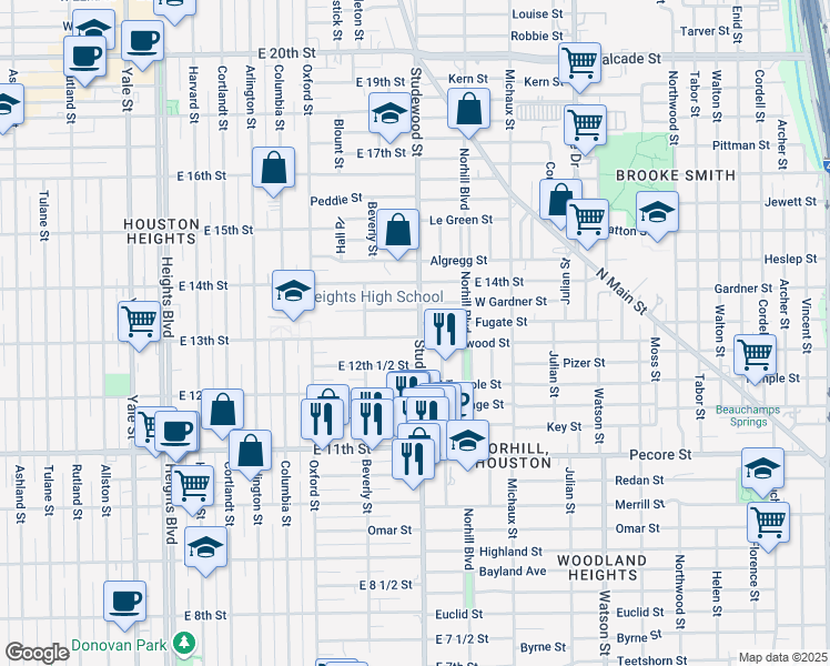 map of restaurants, bars, coffee shops, grocery stores, and more near 1301 Studewood St in Houston