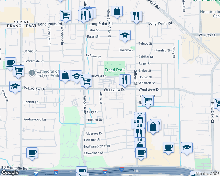 map of restaurants, bars, coffee shops, grocery stores, and more near 124 Westview Drive in Houston
