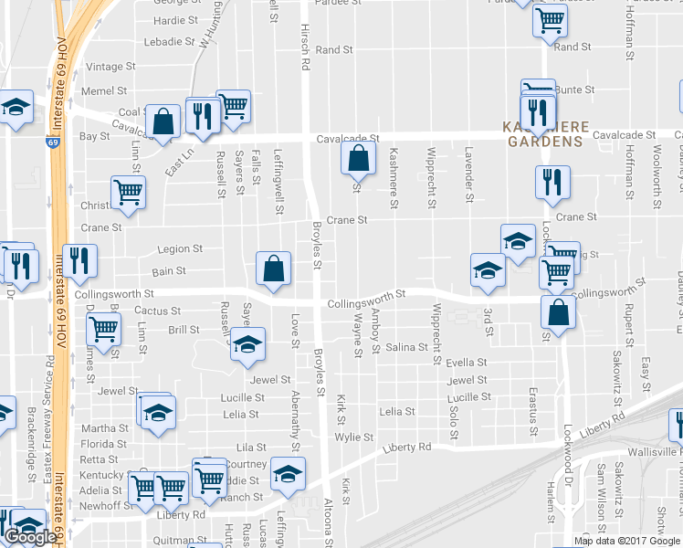 map of restaurants, bars, coffee shops, grocery stores, and more near 3704 Los Angeles Street in Houston