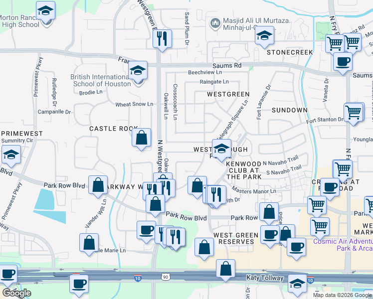 map of restaurants, bars, coffee shops, grocery stores, and more near 20230 Smithfield Crossing Lane in Katy