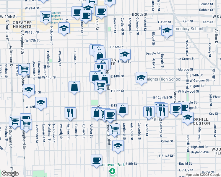 map of restaurants, bars, coffee shops, grocery stores, and more near 1302 Heights Boulevard in Houston