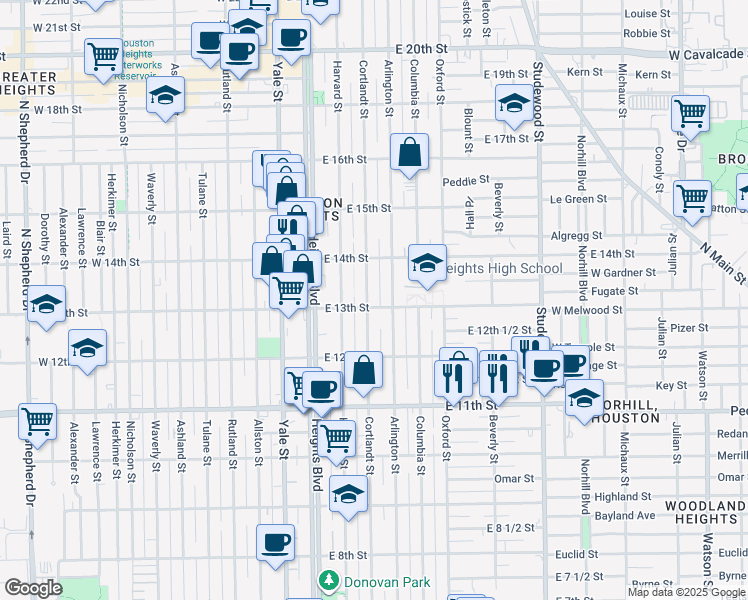 map of restaurants, bars, coffee shops, grocery stores, and more near 1303 Cortlandt Street in Houston