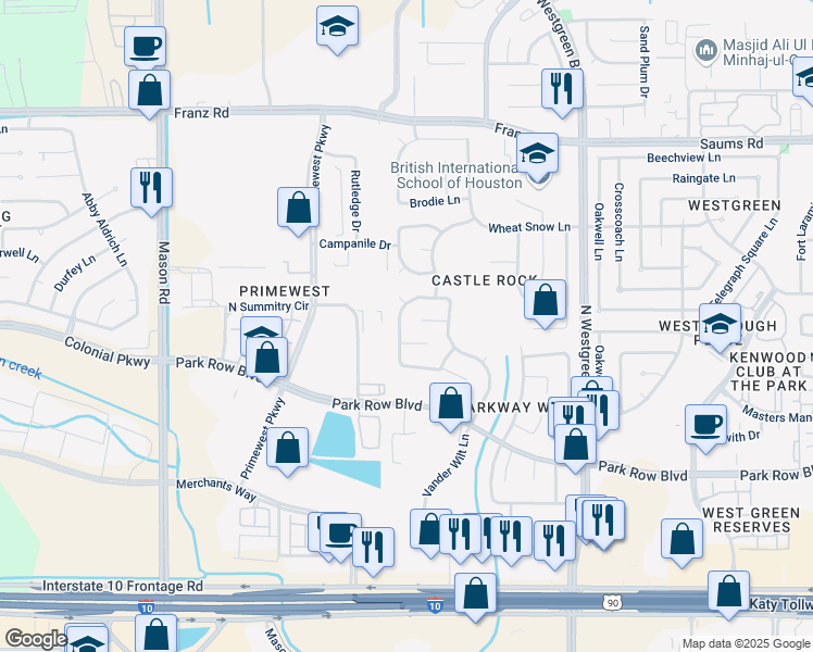 map of restaurants, bars, coffee shops, grocery stores, and more near 20922 Windsor Hollow Court in Katy