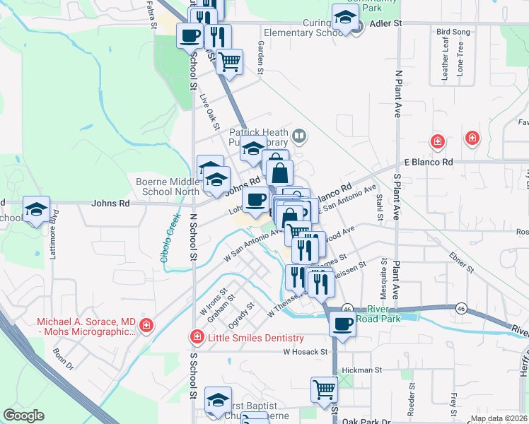 map of restaurants, bars, coffee shops, grocery stores, and more near 116 West Blanco Road in Boerne