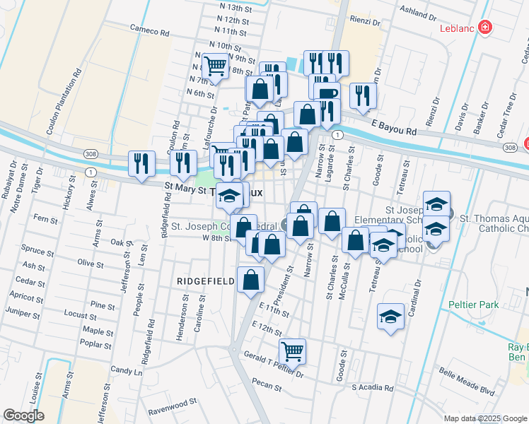 map of restaurants, bars, coffee shops, grocery stores, and more near 612 Saint Philip Street in Thibodaux