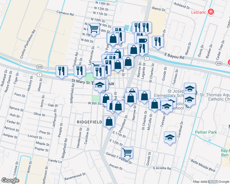map of restaurants, bars, coffee shops, grocery stores, and more near 612 Saint Philip Street in Thibodaux