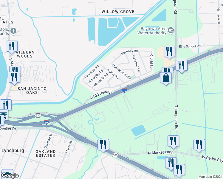 map of restaurants, bars, coffee shops, grocery stores, and more near 1006 Rose Meadow Boulevard in Baytown
