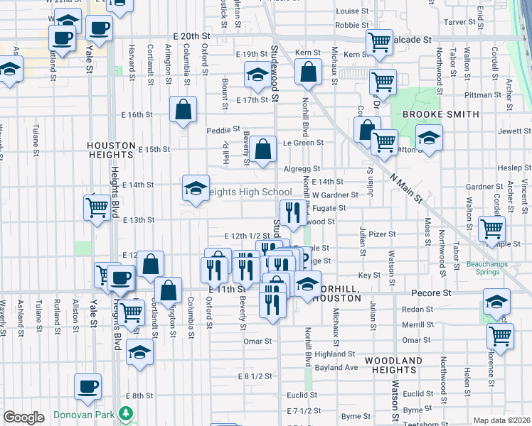 map of restaurants, bars, coffee shops, grocery stores, and more near 1301 Studewood Street in Houston