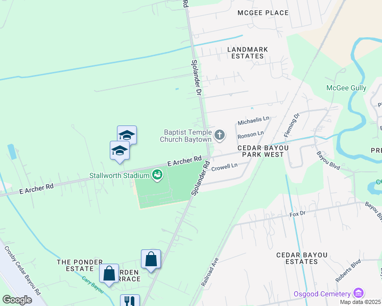 map of restaurants, bars, coffee shops, grocery stores, and more near 2509 East Archer Road in Baytown