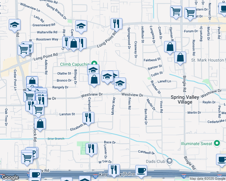 map of restaurants, bars, coffee shops, grocery stores, and more near 9000 Westview Drive in Houston
