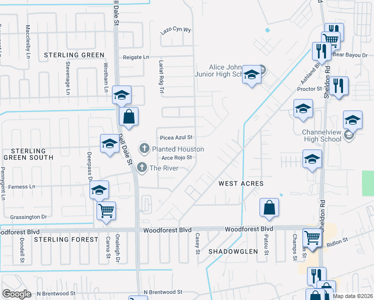 map of restaurants, bars, coffee shops, grocery stores, and more near 15463 Arce Rojo St in Channelview