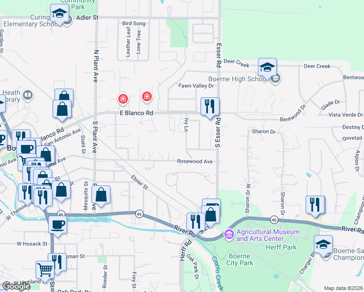 map of restaurants, bars, coffee shops, grocery stores, and more near 236 Ivy Lane in Boerne