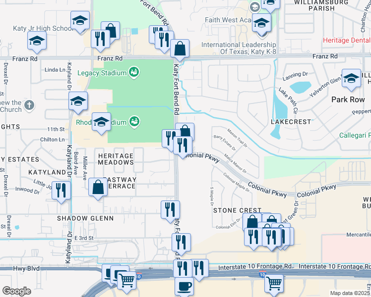 map of restaurants, bars, coffee shops, grocery stores, and more near 1502 Katy Fort Bend Road in Katy