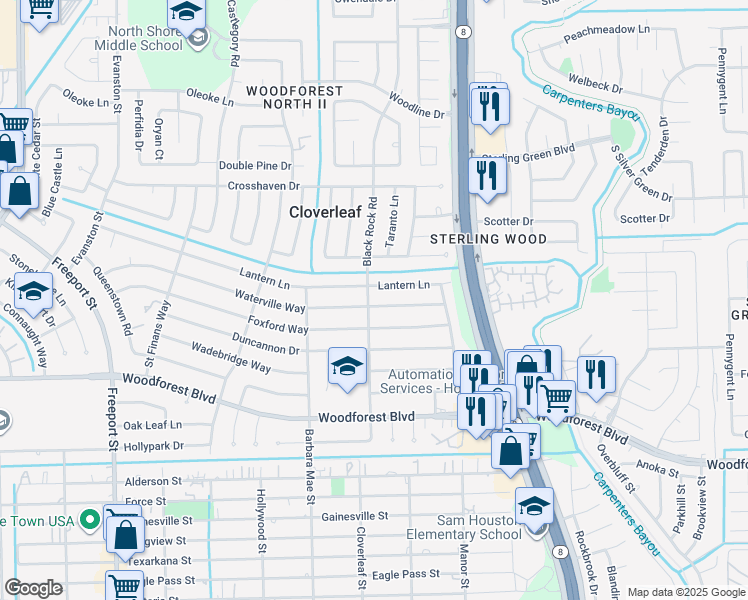map of restaurants, bars, coffee shops, grocery stores, and more near 14342 Waterville Way in Houston