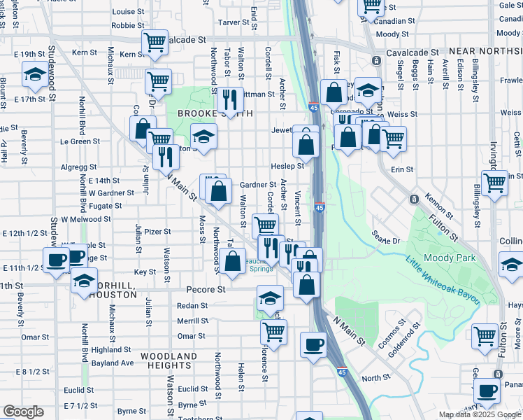 map of restaurants, bars, coffee shops, grocery stores, and more near 404 Cordell Street in Houston