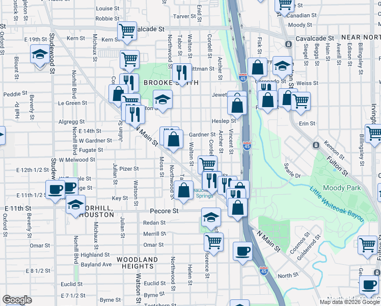 map of restaurants, bars, coffee shops, grocery stores, and more near 412 Walton Street in Houston