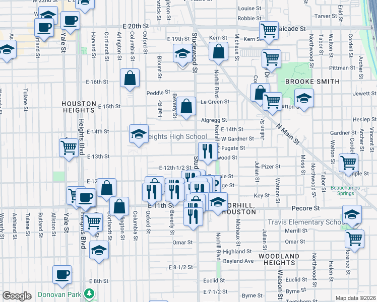 map of restaurants, bars, coffee shops, grocery stores, and more near 1301 Studewood Street in Houston