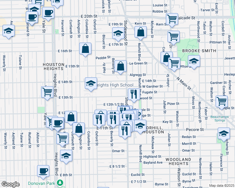 map of restaurants, bars, coffee shops, grocery stores, and more near 710 East 13th Street in Houston