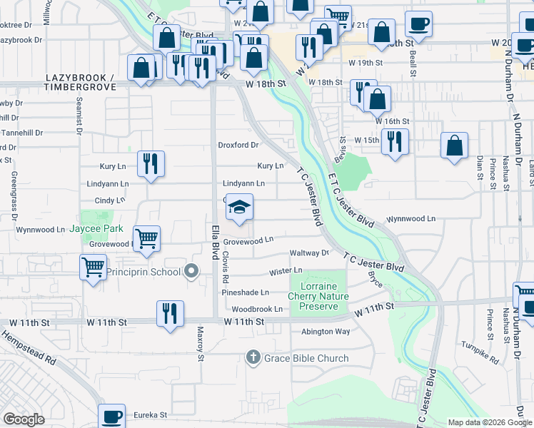 map of restaurants, bars, coffee shops, grocery stores, and more near 6327 Wynnwood Lane in Houston