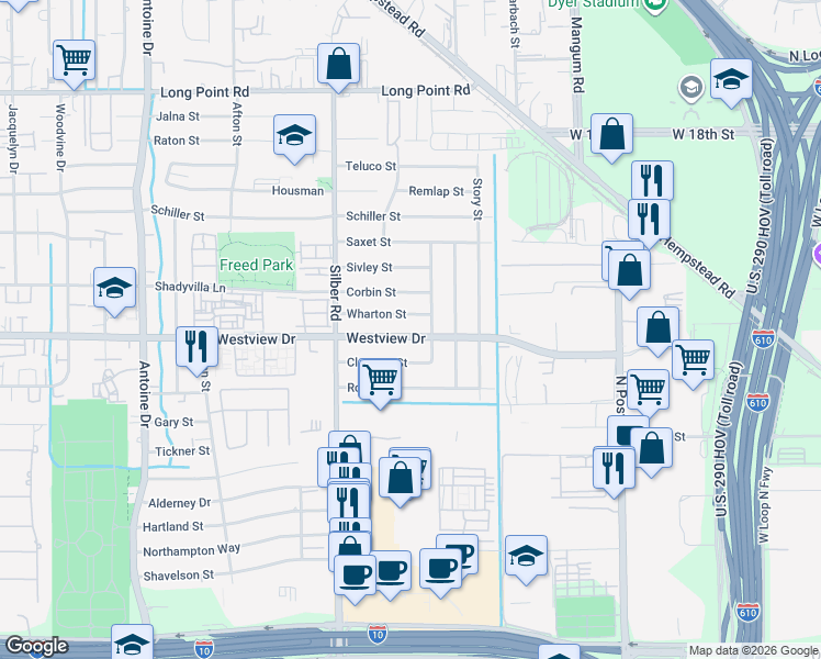 map of restaurants, bars, coffee shops, grocery stores, and more near 6501 Westview Drive in Houston