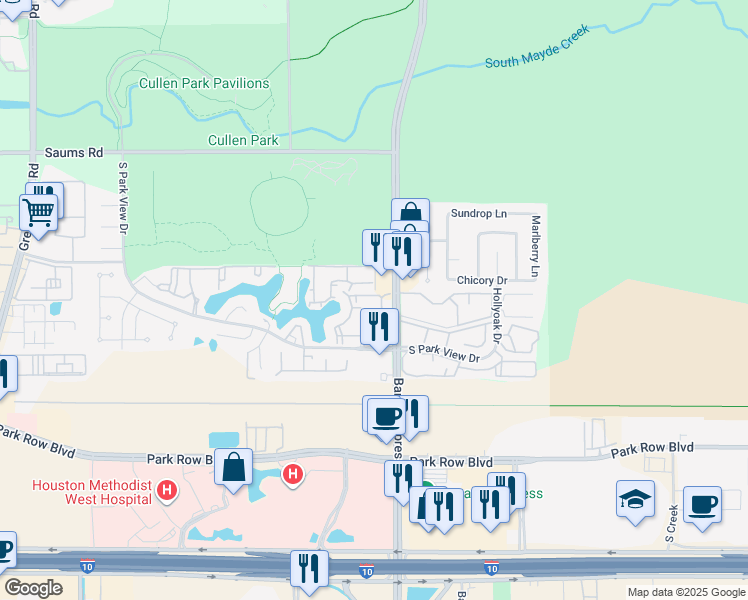 map of restaurants, bars, coffee shops, grocery stores, and more near 18108 South Parkview Drive in Houston
