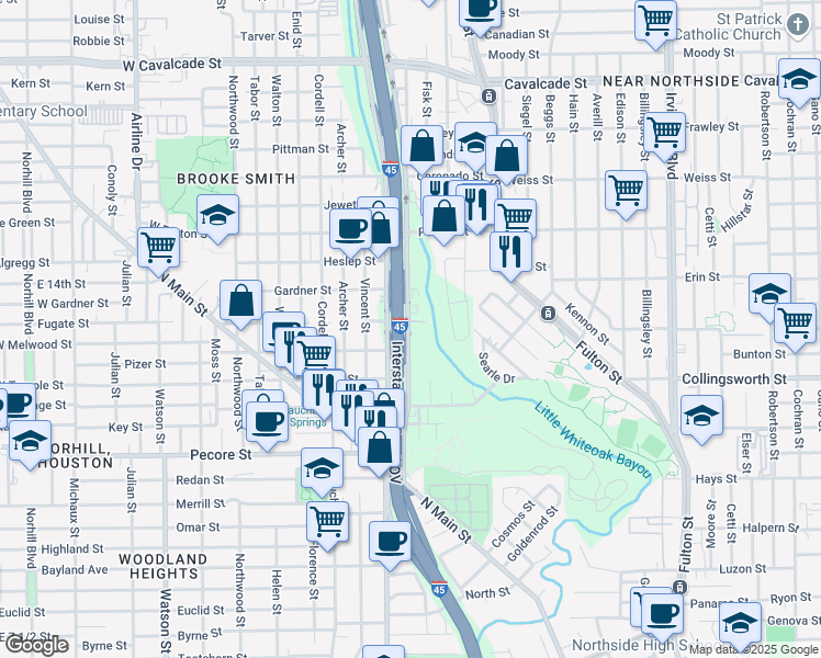 map of restaurants, bars, coffee shops, grocery stores, and more near 2500 North Fwy in Houston