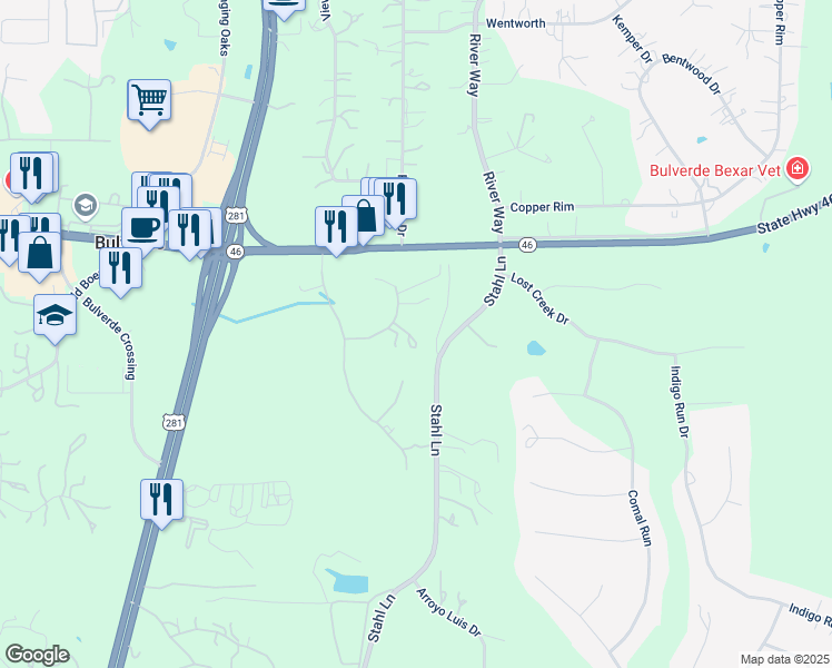 map of restaurants, bars, coffee shops, grocery stores, and more near 204 Hidden Ridge Drive in Bulverde