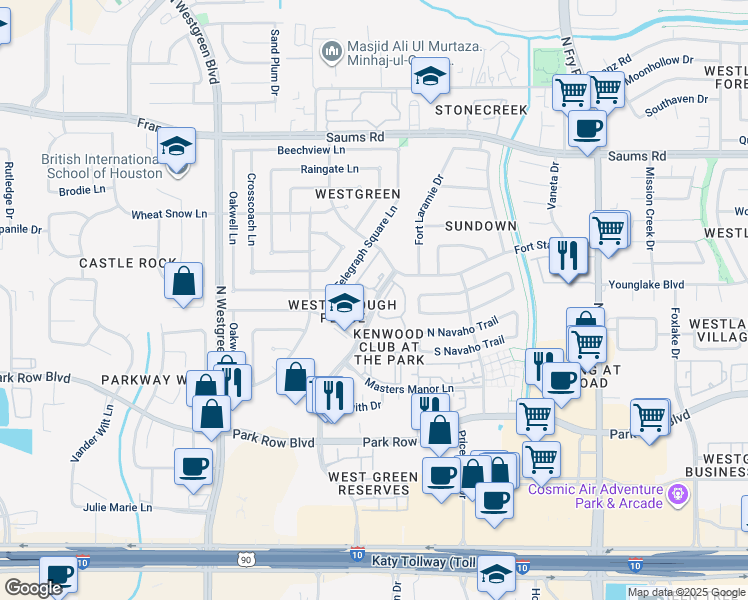 map of restaurants, bars, coffee shops, grocery stores, and more near 2134 Westborough Drive in Katy