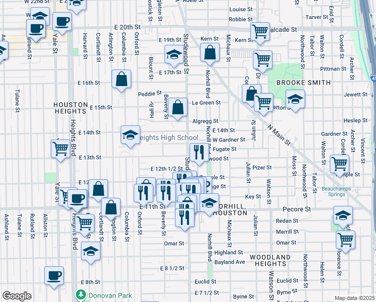 map of restaurants, bars, coffee shops, grocery stores, and more near 1332 Studewood Street in Houston