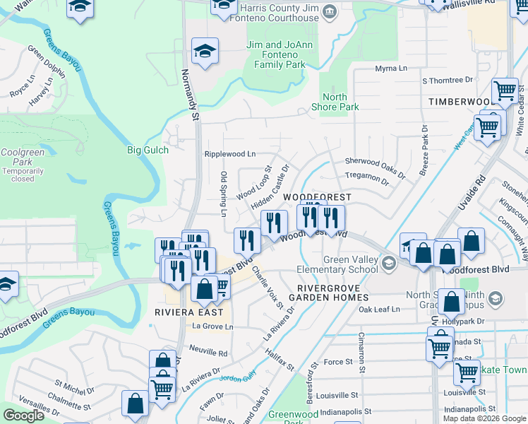map of restaurants, bars, coffee shops, grocery stores, and more near 12807 Stillington Drive in Houston