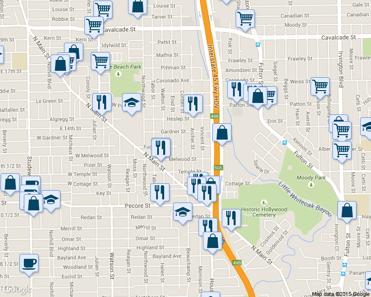 map of restaurants, bars, coffee shops, grocery stores, and more near 404 Cordell Street in Houston