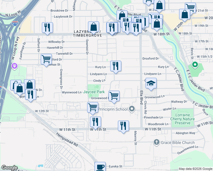 map of restaurants, bars, coffee shops, grocery stores, and more near 1326 Foxwood Road in Houston
