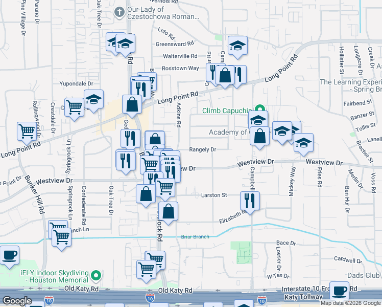 map of restaurants, bars, coffee shops, grocery stores, and more near 9230 Westview Drive in Houston