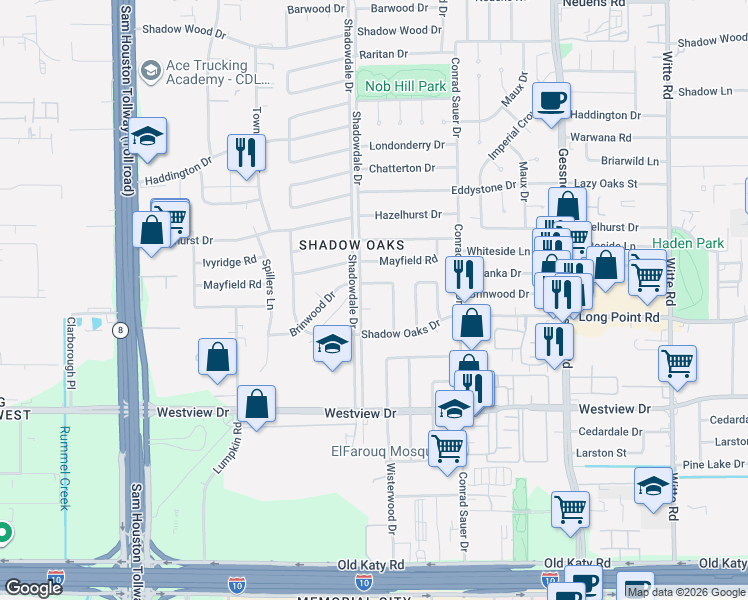 map of restaurants, bars, coffee shops, grocery stores, and more near 18 Laurenhurst Court in Houston