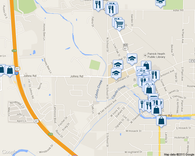 map of restaurants, bars, coffee shops, grocery stores, and more near 405 Johns Road in Boerne