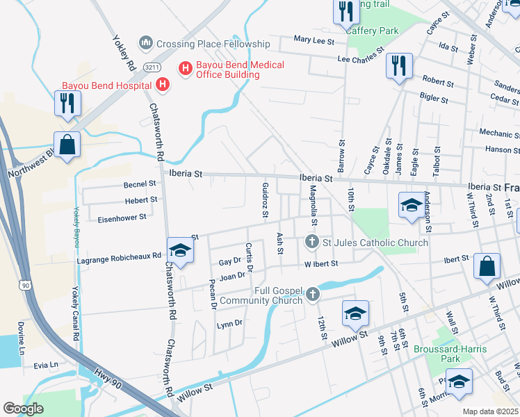 map of restaurants, bars, coffee shops, grocery stores, and more near Pine St in Franklin