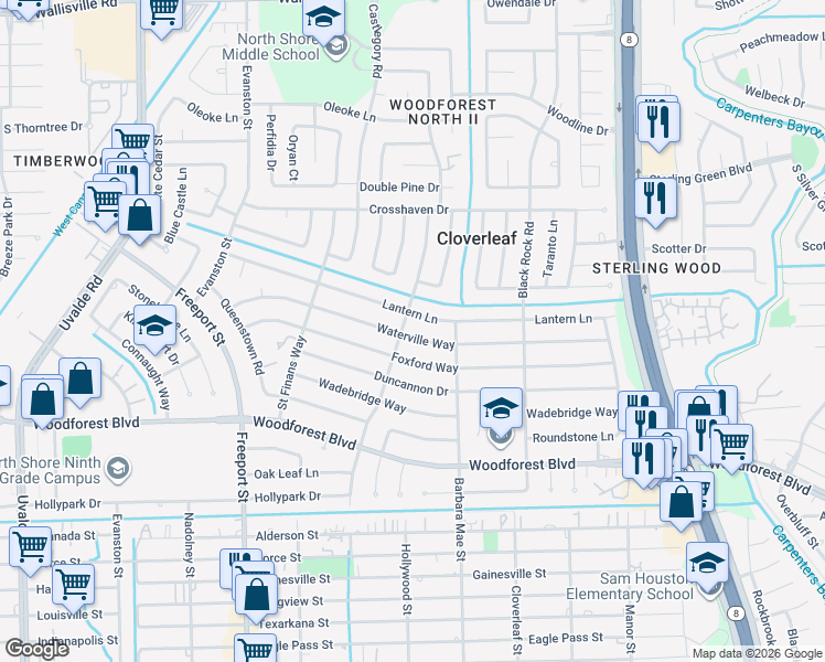 map of restaurants, bars, coffee shops, grocery stores, and more near 14107 Waterville Way in Houston